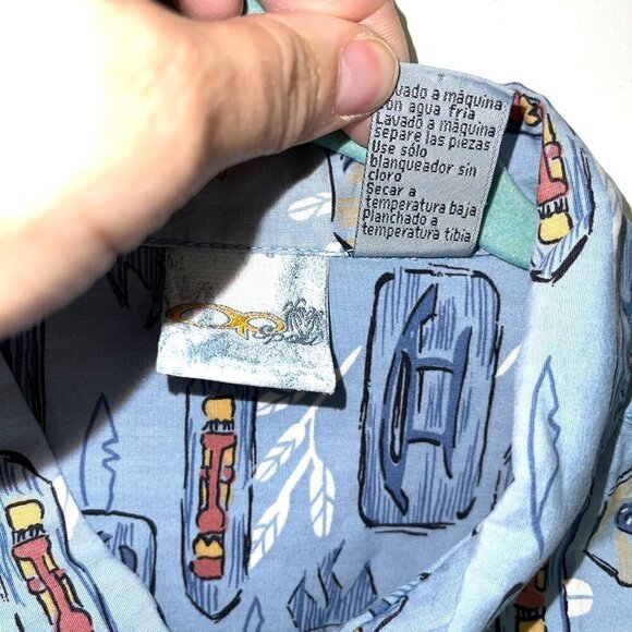 OP Sport Tiki Print Shirt Mens Size Large L Vintage Button Up Pure Cotton Blue - Picture 5 of 11